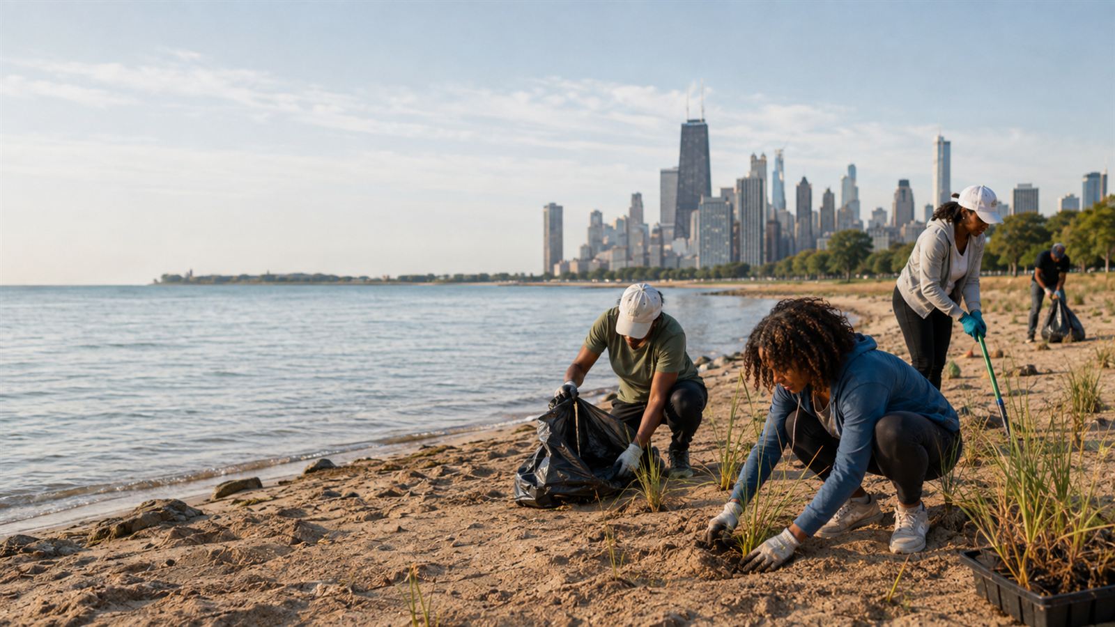 Volunteers cleaning up the beach and planting dune grass along the shoreline