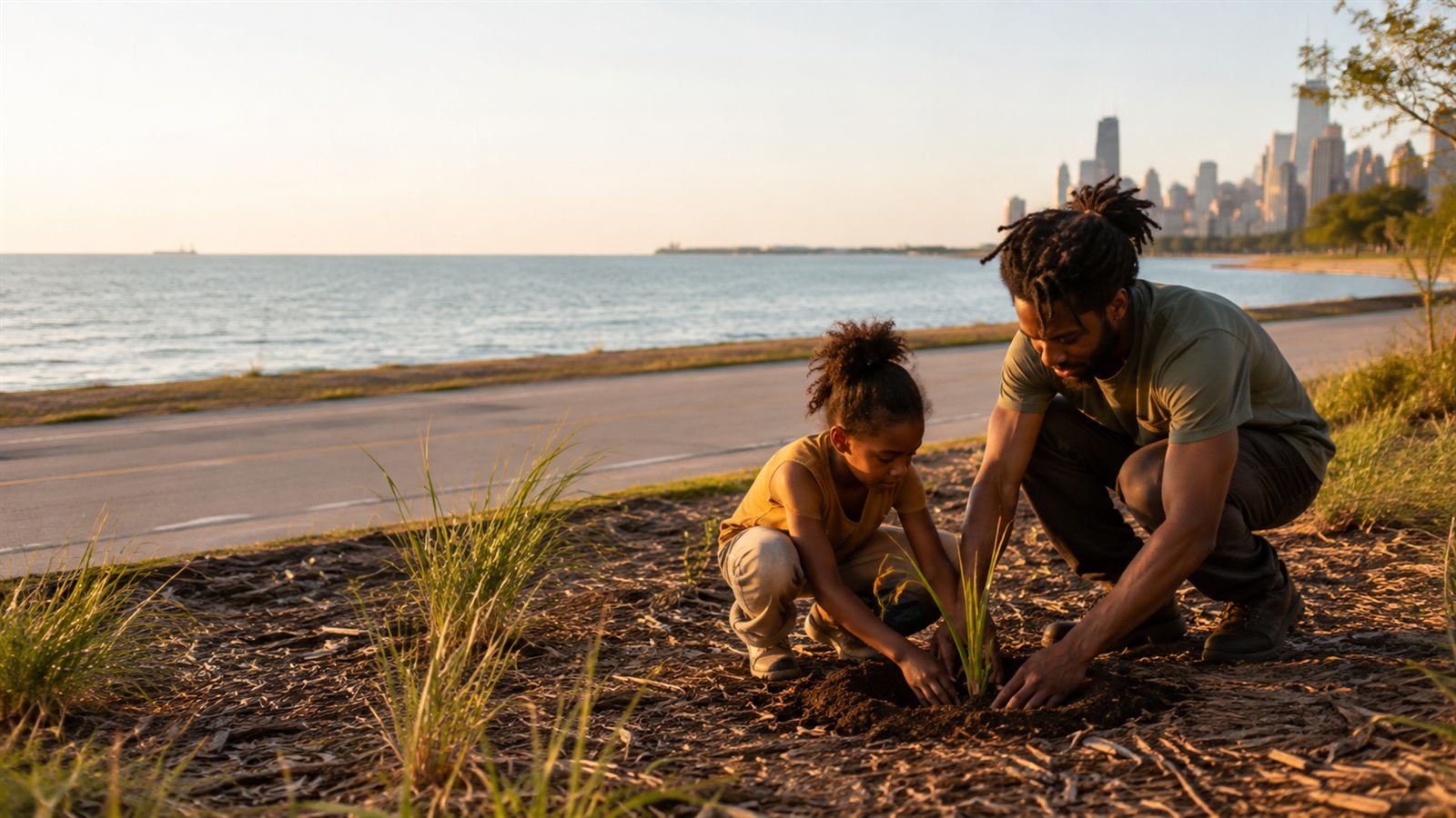 A father and daughter planting native dune grass along the 63rd Street Beach shoreline