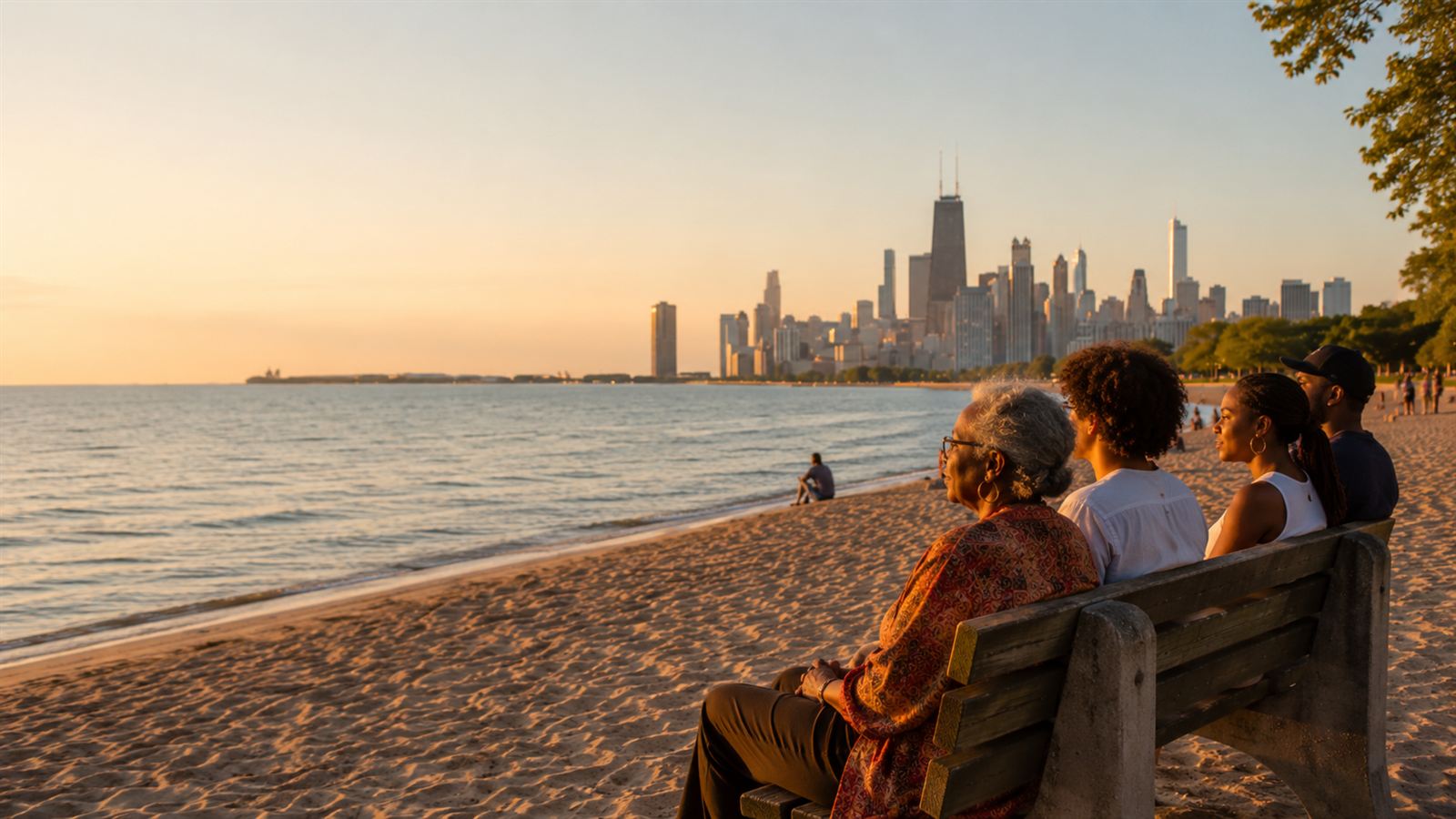 A multi-generational family watching the sunset from a bench