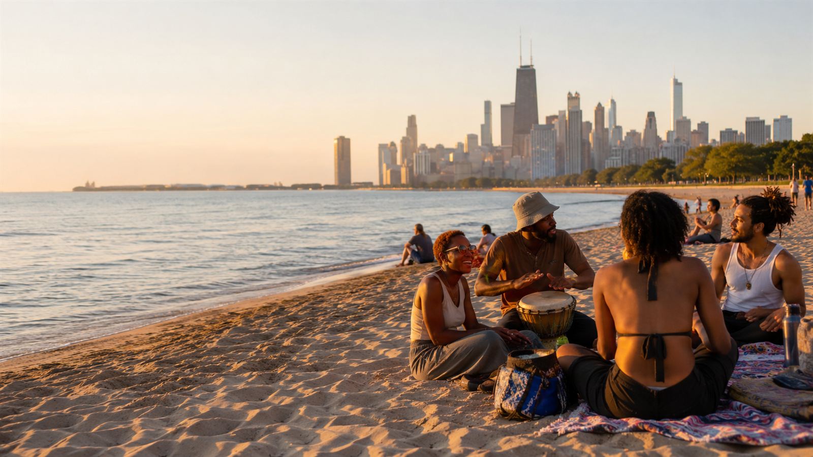 Drummers gathered at sunrise on 63rd Street Beach