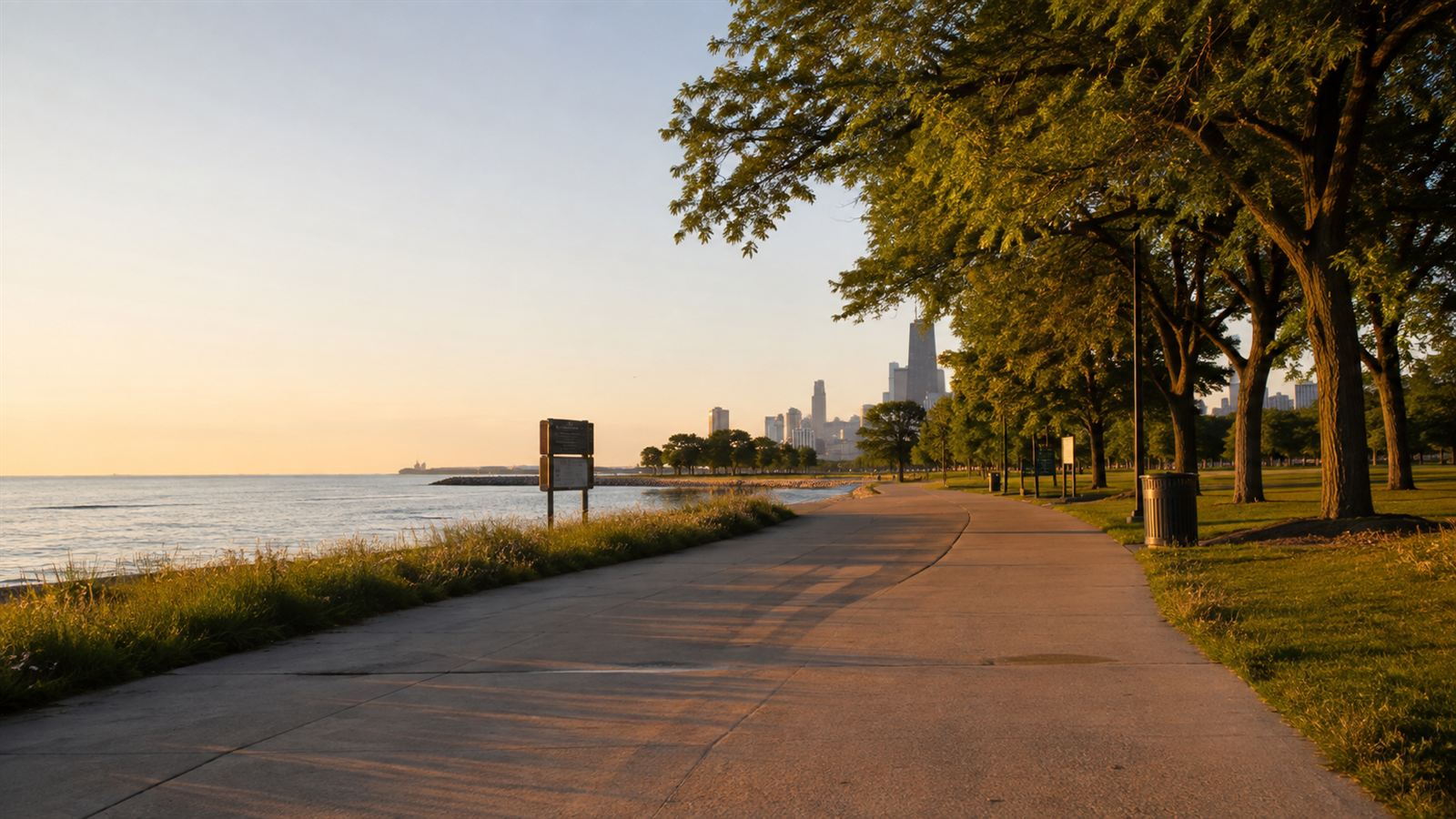 An empty lakefront path along 63rd Street Beach at sunrise, with the Chicago skyline in the distance