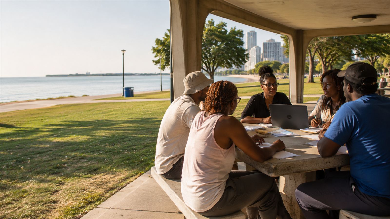 Community members meeting at a lakefront picnic pavilion