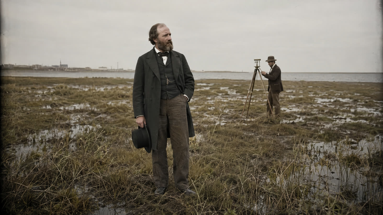 Artistic reconstruction: Olmsted inspecting the flat, marshy South Park property, 1869