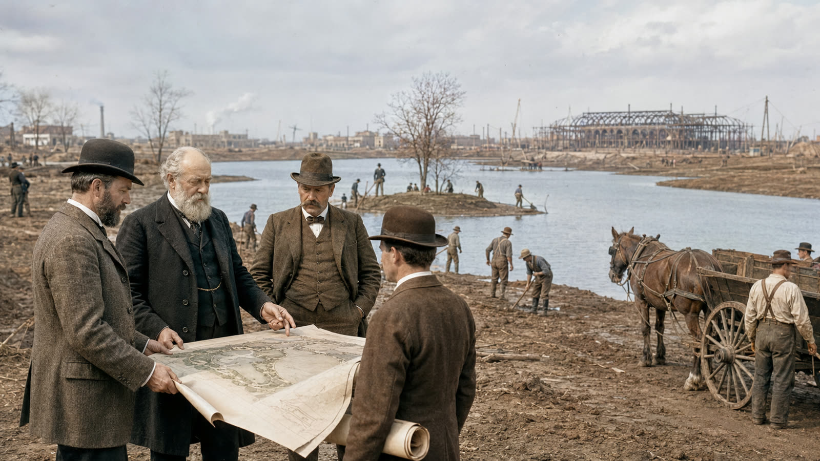 Artistic reconstruction: Olmsted working on Jackson Park's lagoons for the 1893 World's Columbian Exposition, circa 1891
