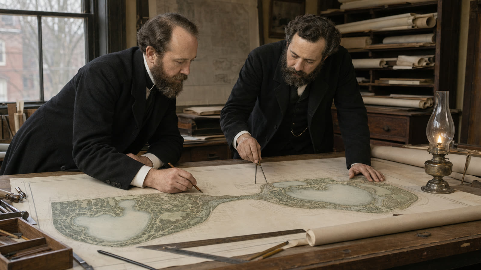 Artistic reconstruction: Olmsted and Calvert Vaux developing the unified 1871 plan