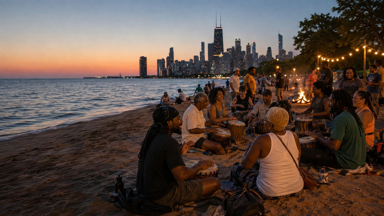 Drummers gathered at sunset on 63rd Street Beach with a bonfire and string lights