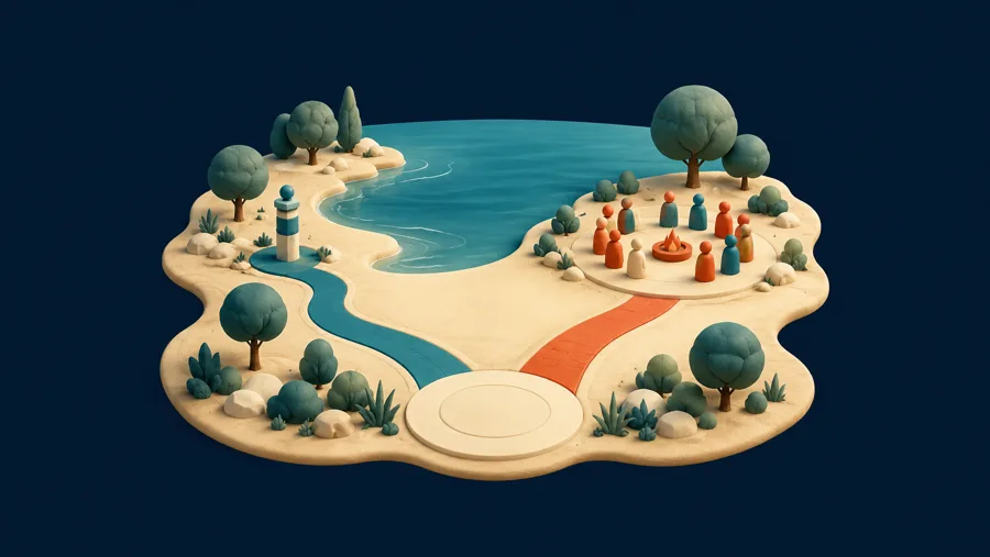 An island beach split by a path: one side leads to a lighthouse, the other to a community gathered around a fire