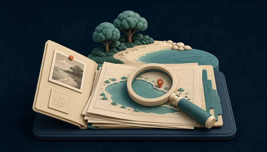 An open photo album and case files with a magnifying glass over a map, marking a location