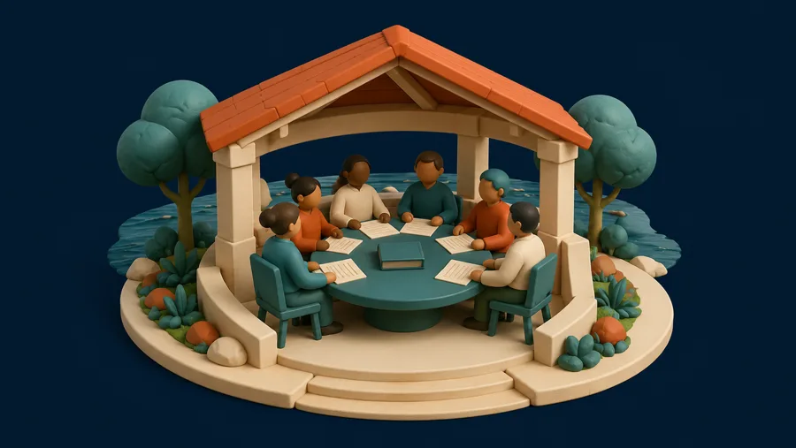 A council of six people seated around a table under a pavilion, reviewing documents together