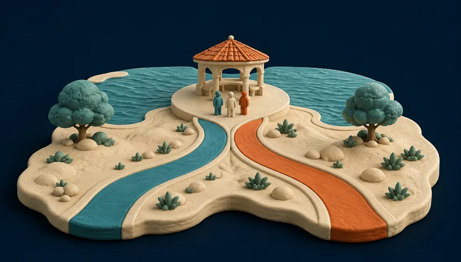 Two paths, blue and orange, converging at a shared gazebo overlooking the water