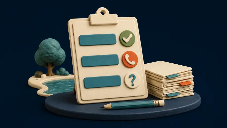 A clipboard checklist with a green checkmark, an orange phone, and a gray question mark, next to a stack of files