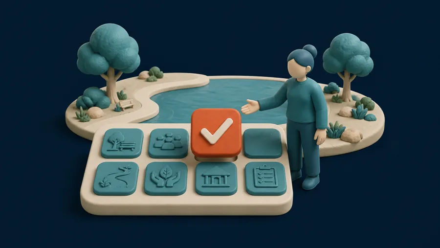 A person selecting one highlighted checkmark tile from a grid of section icon tiles