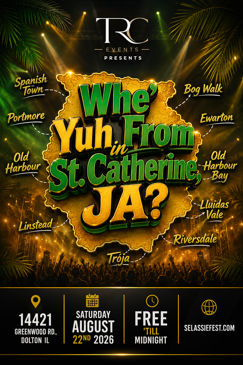 Whe' Yuh From in St. Catherine, JA? — St. Catherine Link-Up flyer with parish town map