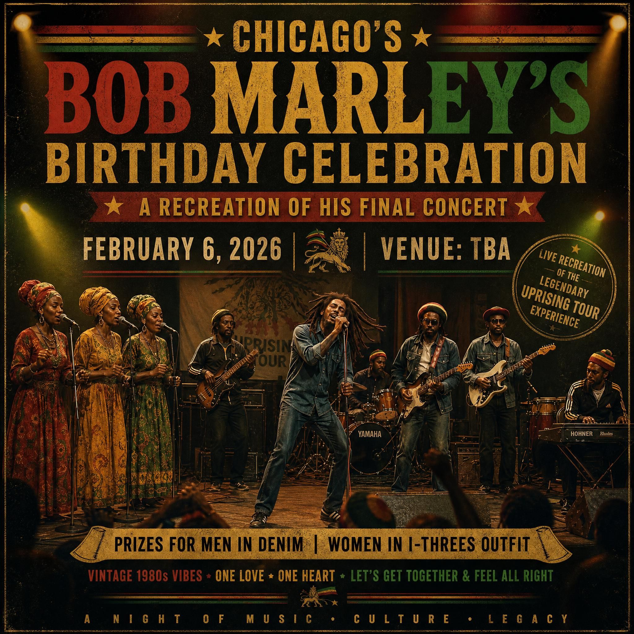 Bob Marley's Birthday tribute concert — the band recreating the Uprising Tour, dressed in denim, with I-Threes-style backing vocalists