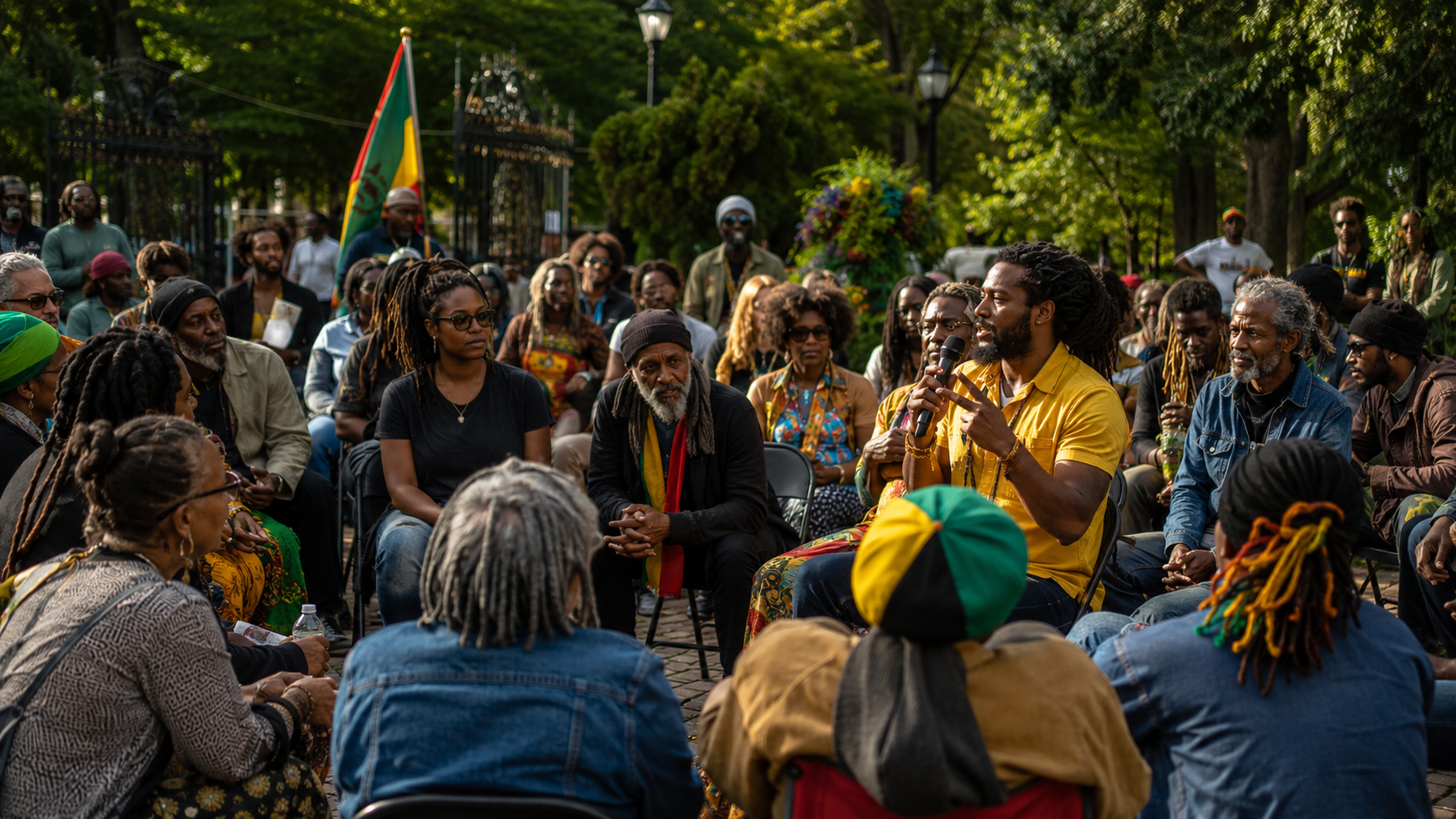 A large seated circle joining a moderated community dialogue