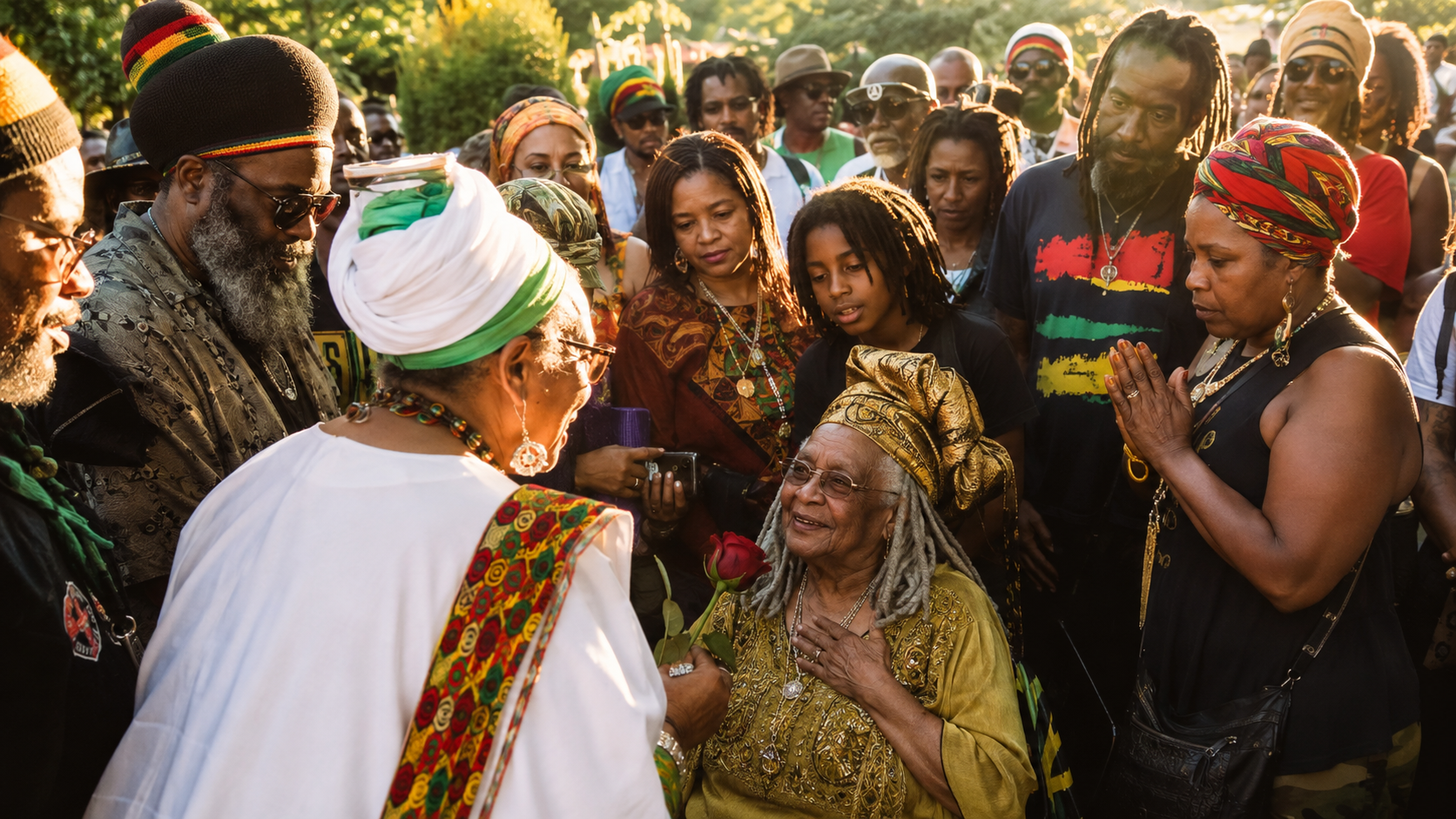 Community members honoring an elder with a rose