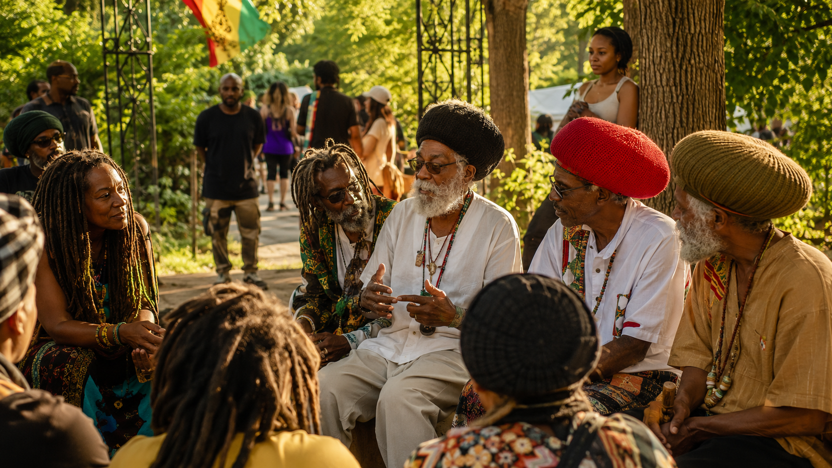 A circle of Rastafarian elders in conversation in the park