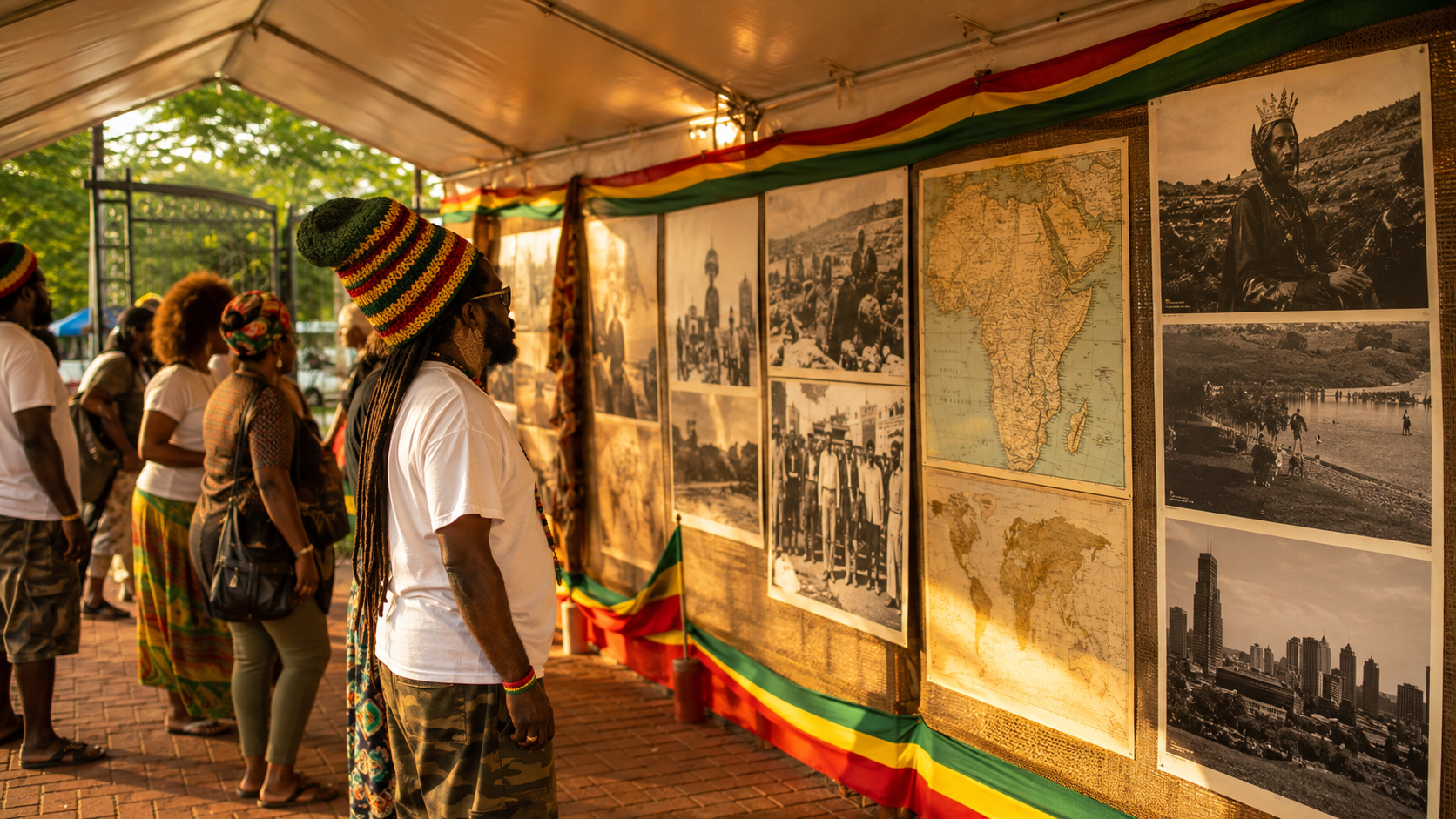 Visitors viewing a historical photo and map exhibit tracing Ethiopia to Chicago