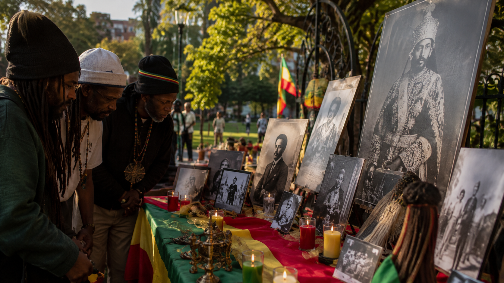 A candlelit memorial altar of historic portraits honoring the Ethiopian Holocaust