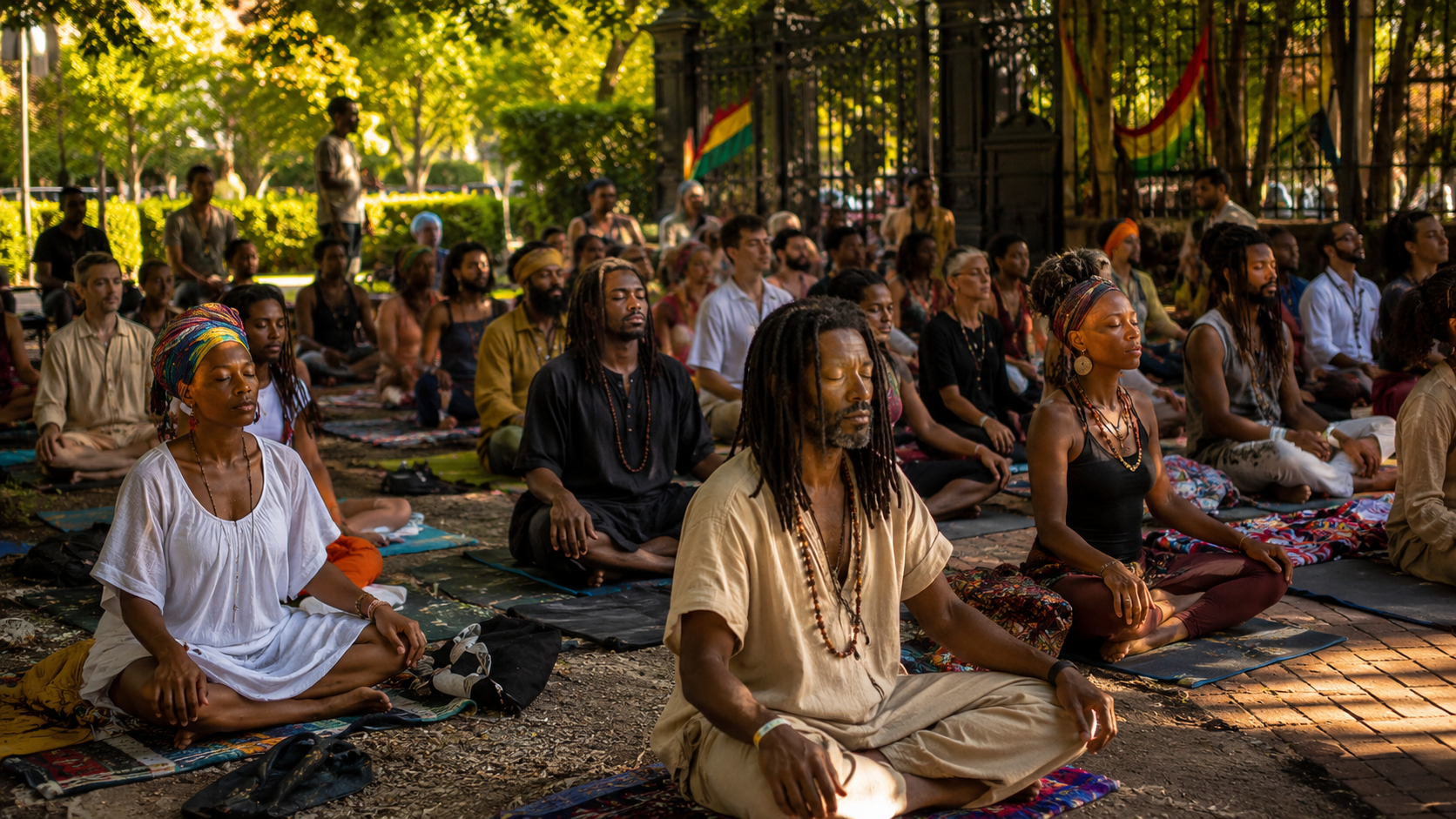 A large group in guided meditation beneath the trees