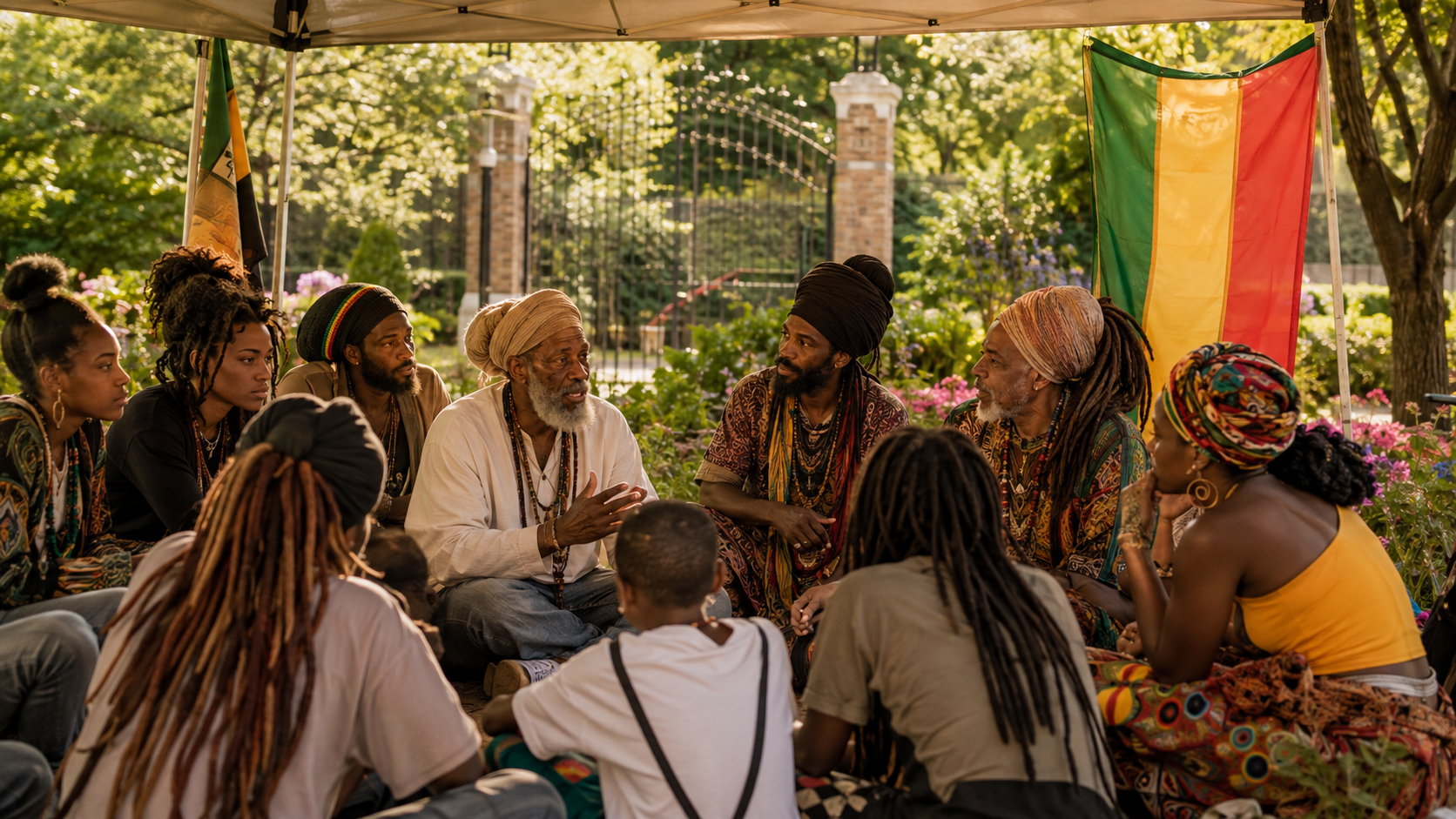 Elders and community members in an open-air reasoning circle