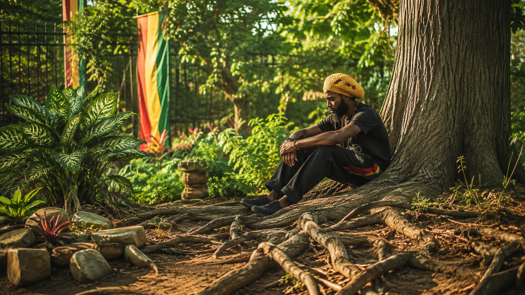 A man in quiet reflection among the roots of a large tree