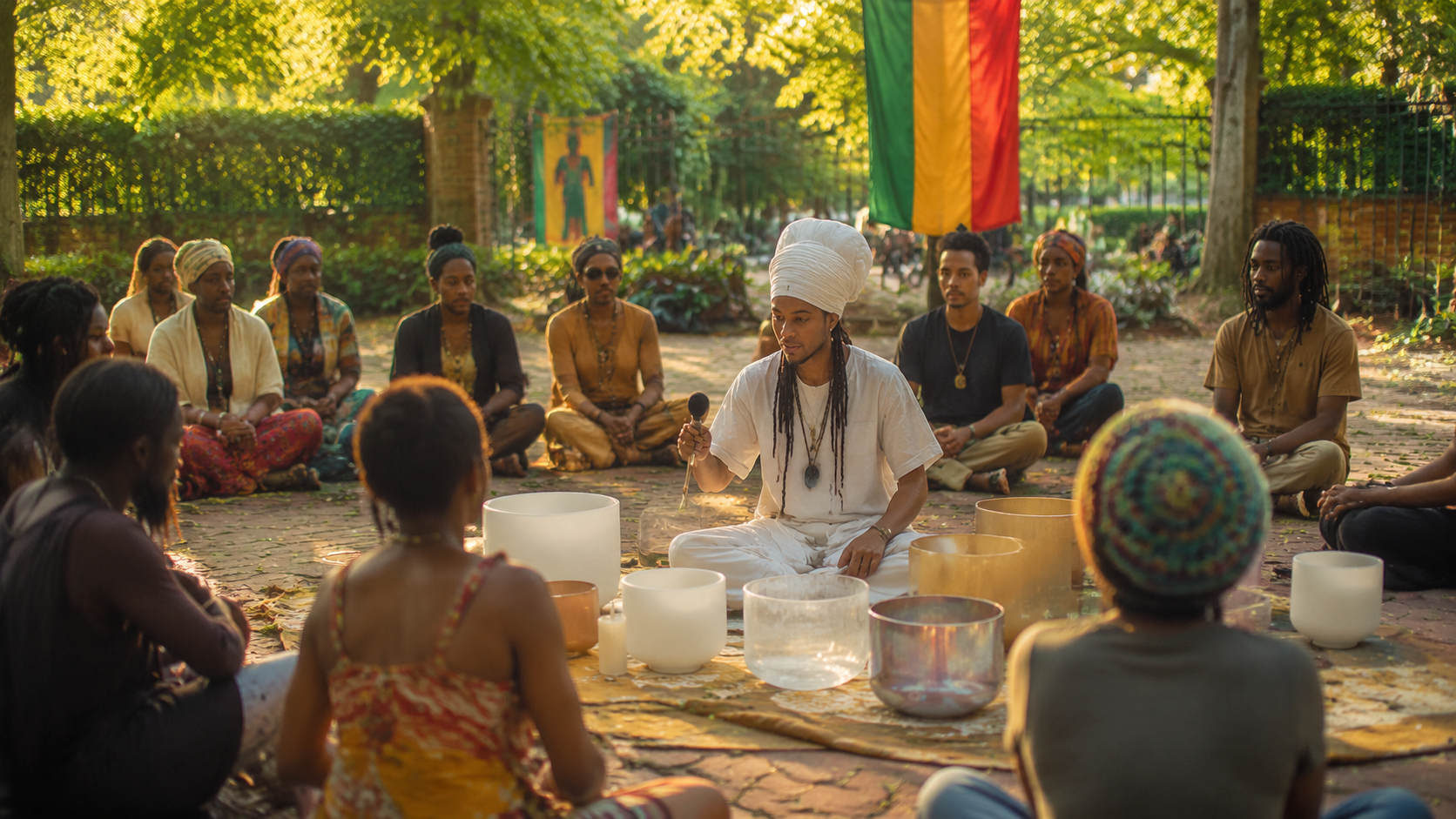 A sound healer playing crystal singing bowls in a seated circle