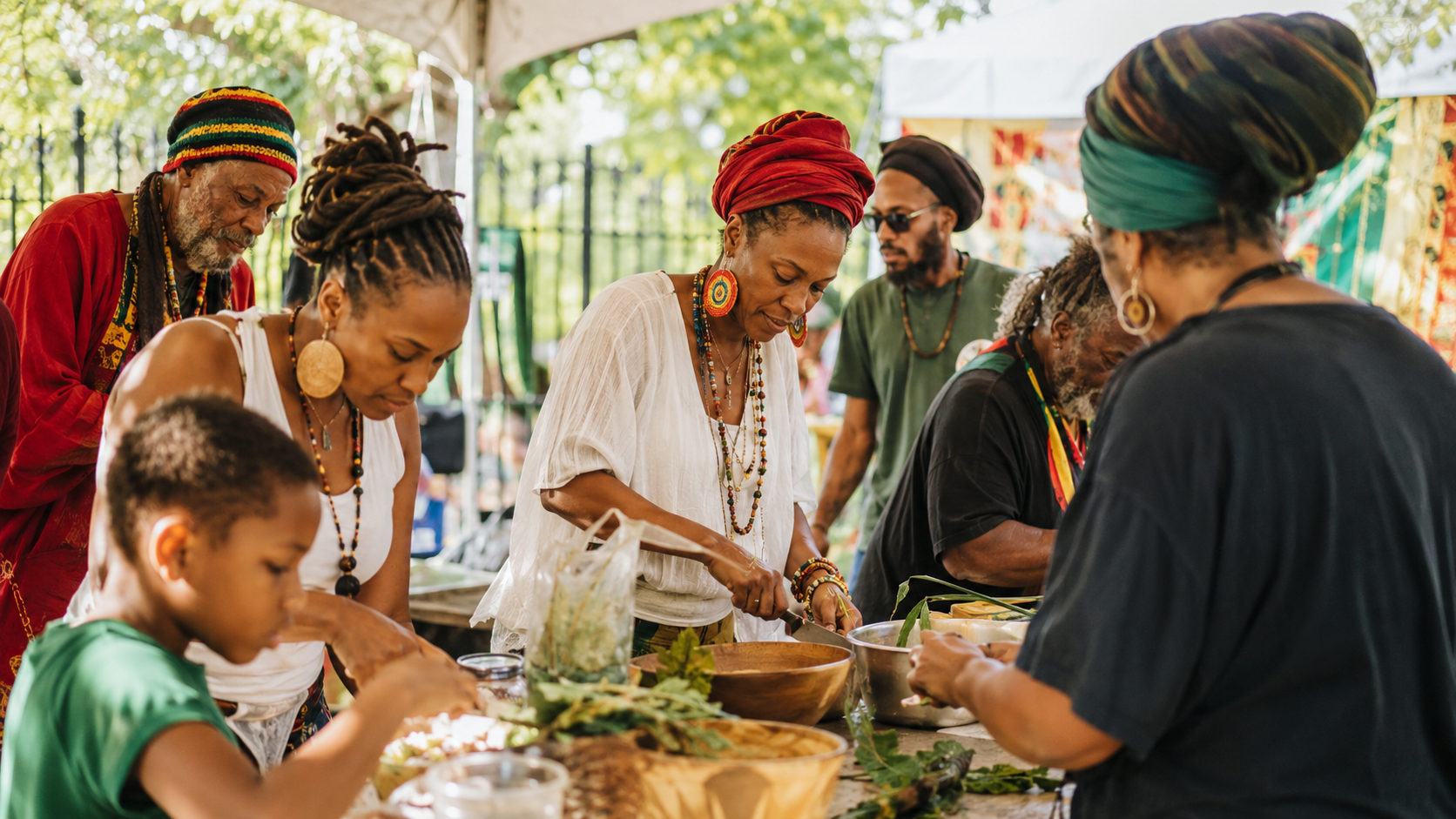 Community members preparing Ital food together at a hands-on workshop