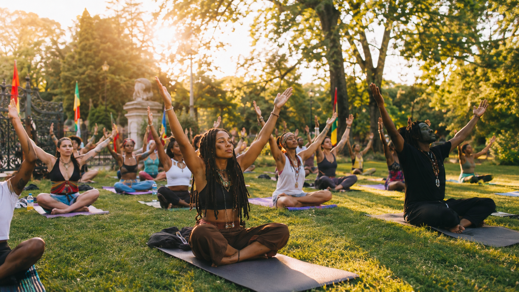 A sunrise yoga class in Sun Salutation pose on the lawn