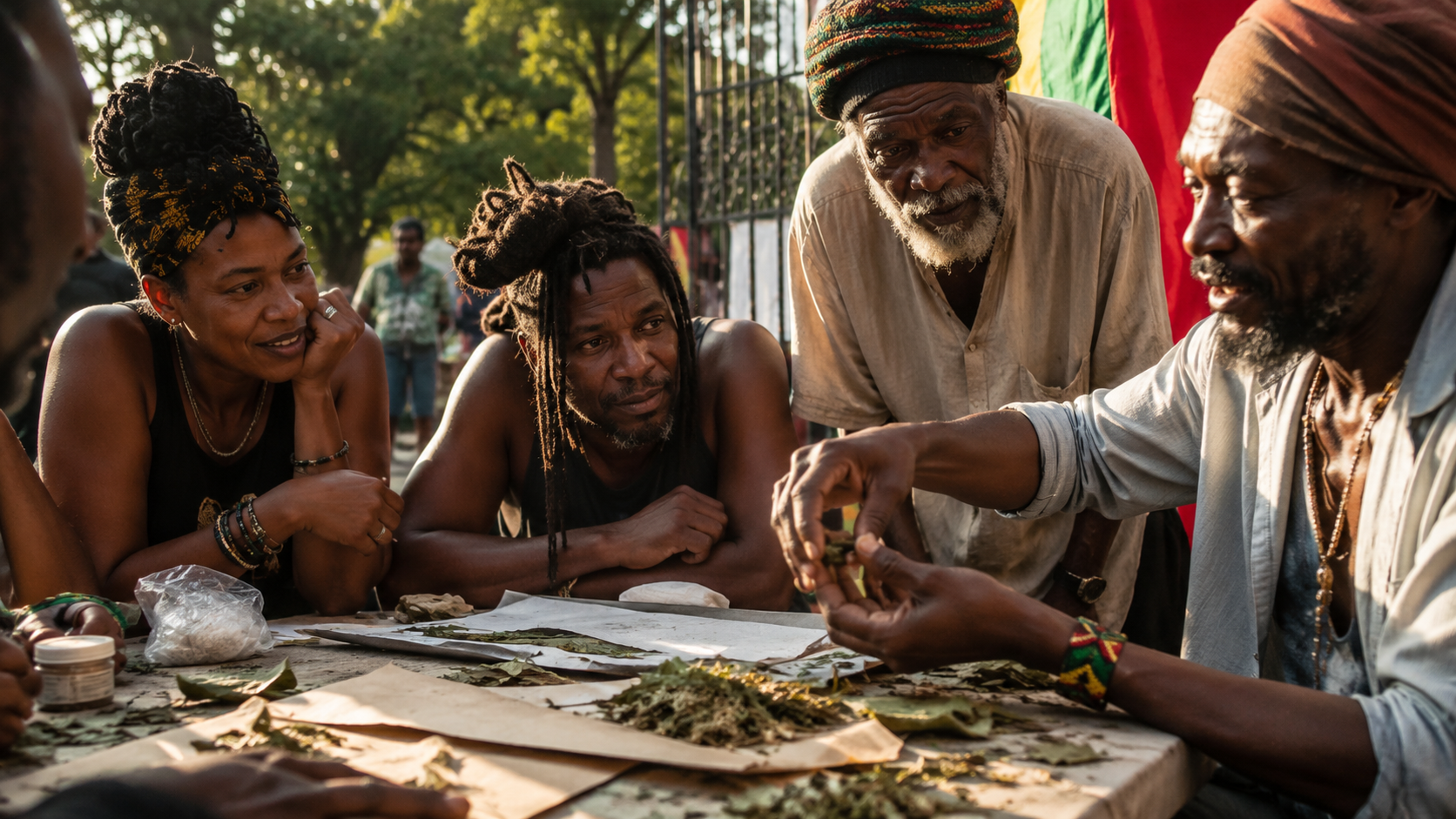 Elders examining fronto leaf for a hands-on rolling workshop