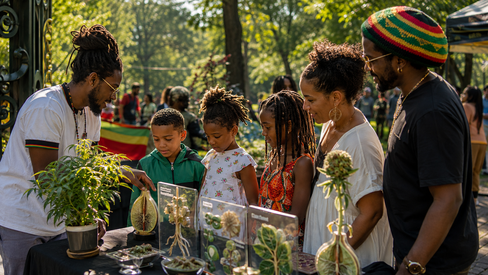 A family exploring plant biology models at the Budding Minds education booth