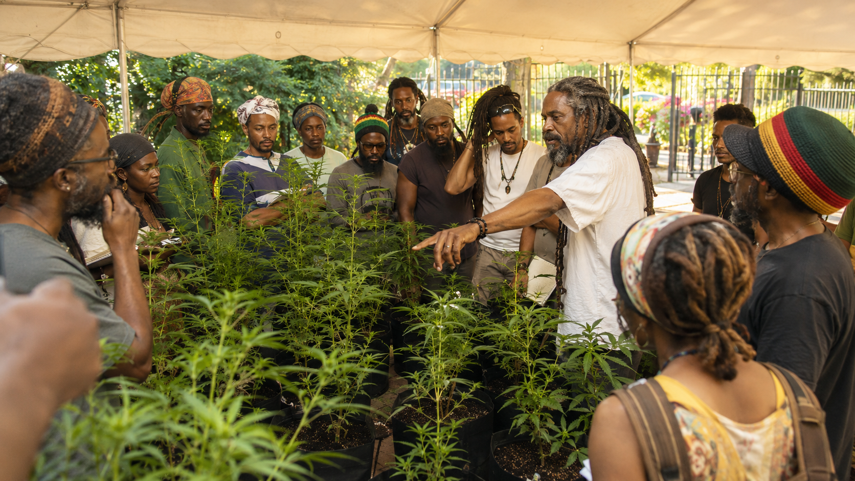 An instructor teaching cultivation science to students under a grow tent