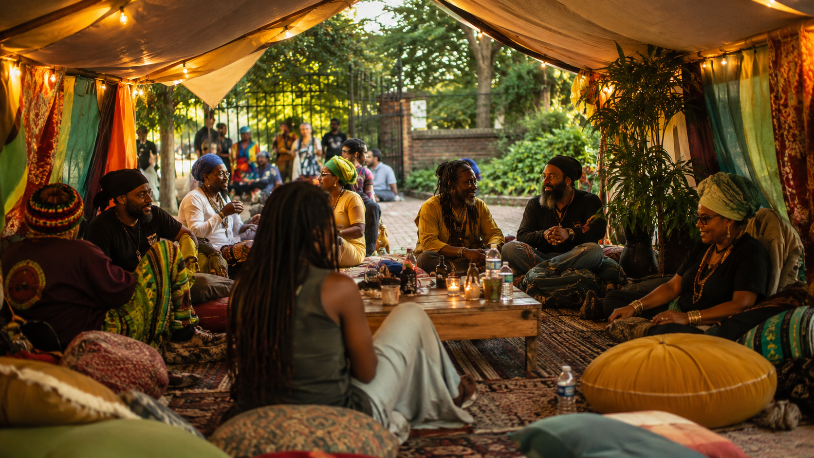 Guests relaxing in the candlelit High Q Lounge tent