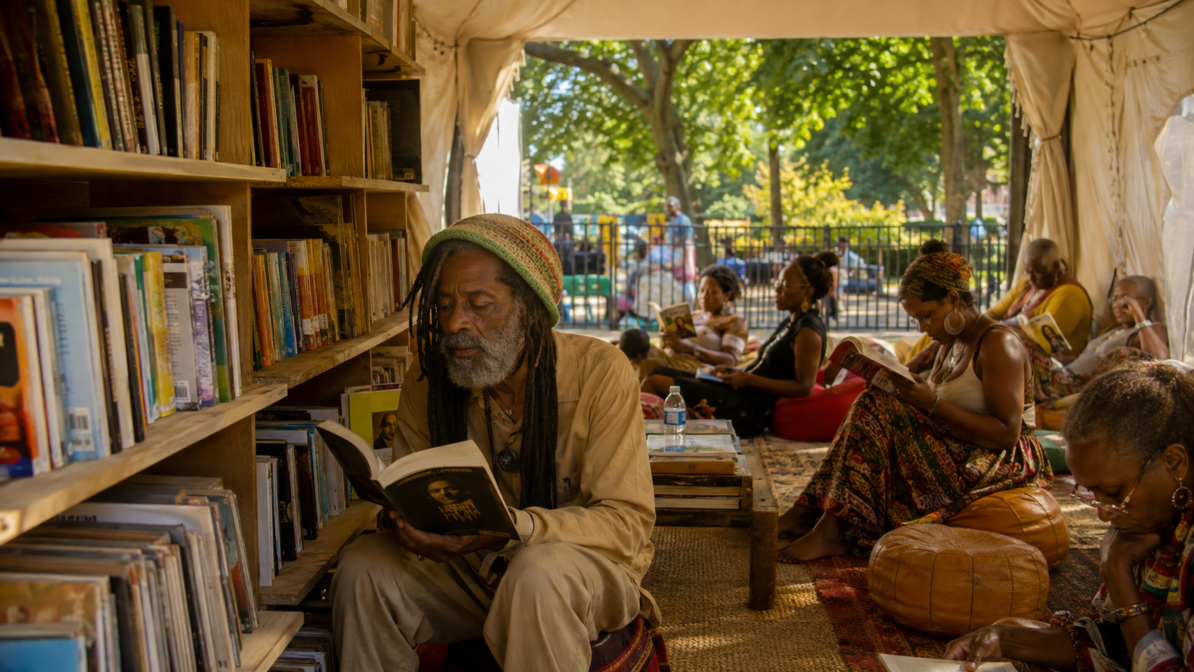 Visitors reading in the shaded Leaf Library tent
