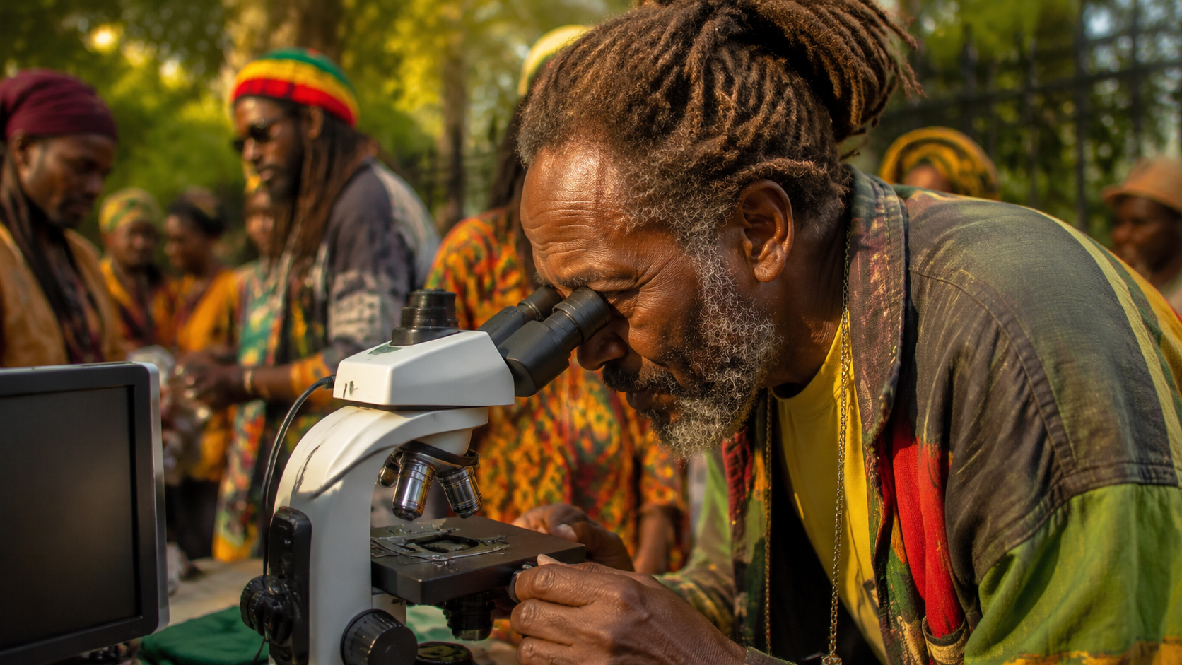 A researcher examining trichomes through a microscope at Smart Buds