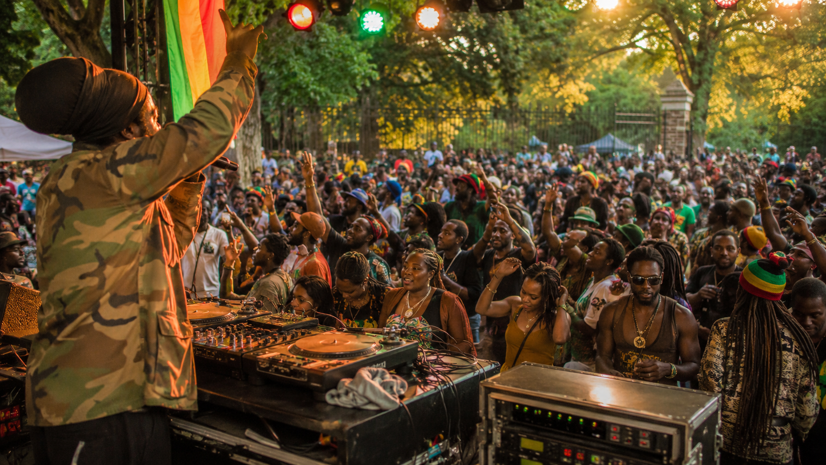 A selector spinning conscious dancehall for a dancing crowd