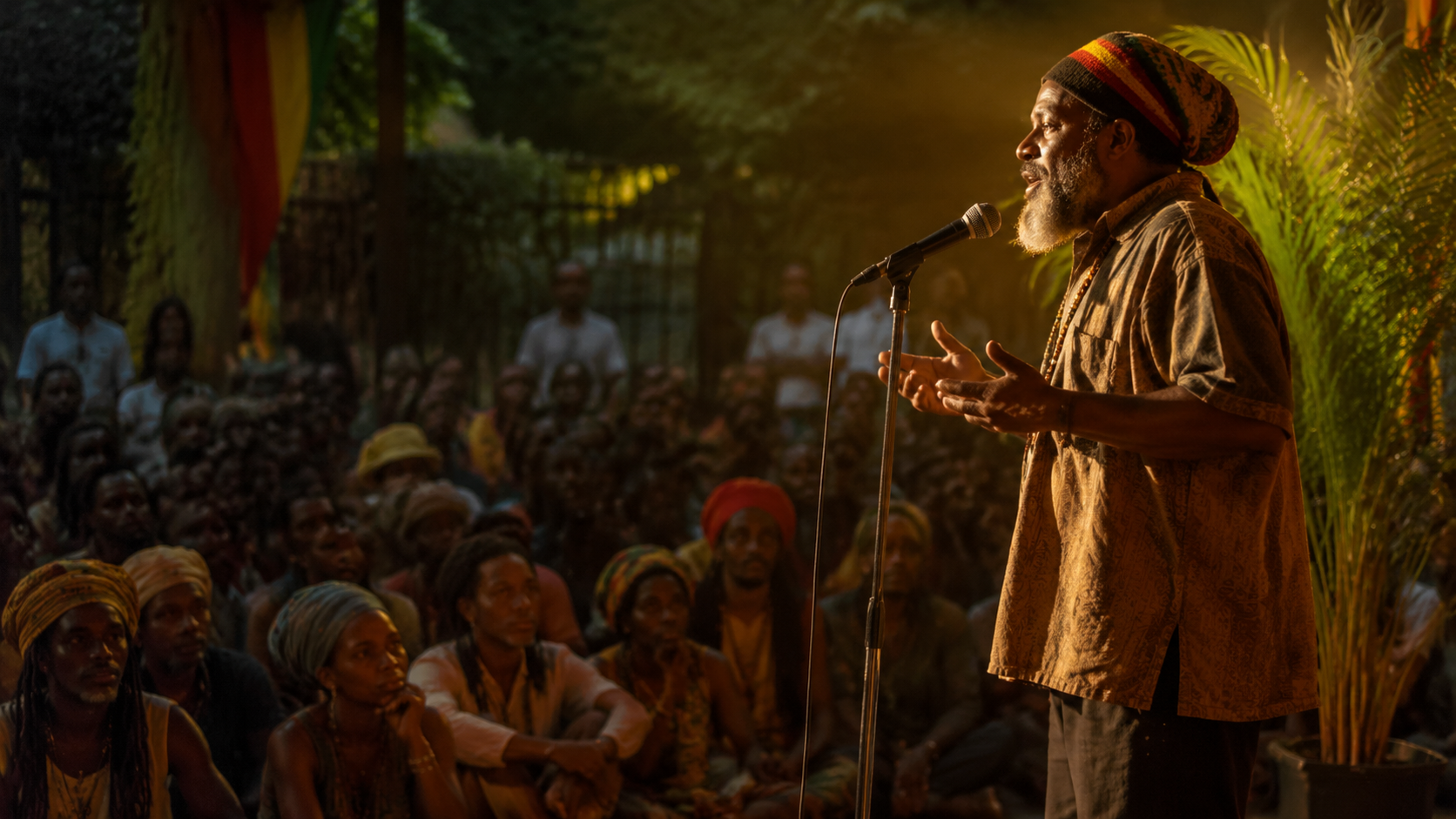 A poet delivering a spoken word performance to a seated crowd