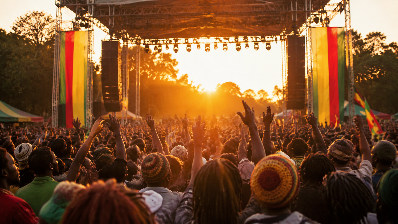 The crowd raising their hands as the sun sets behind the Main Stage