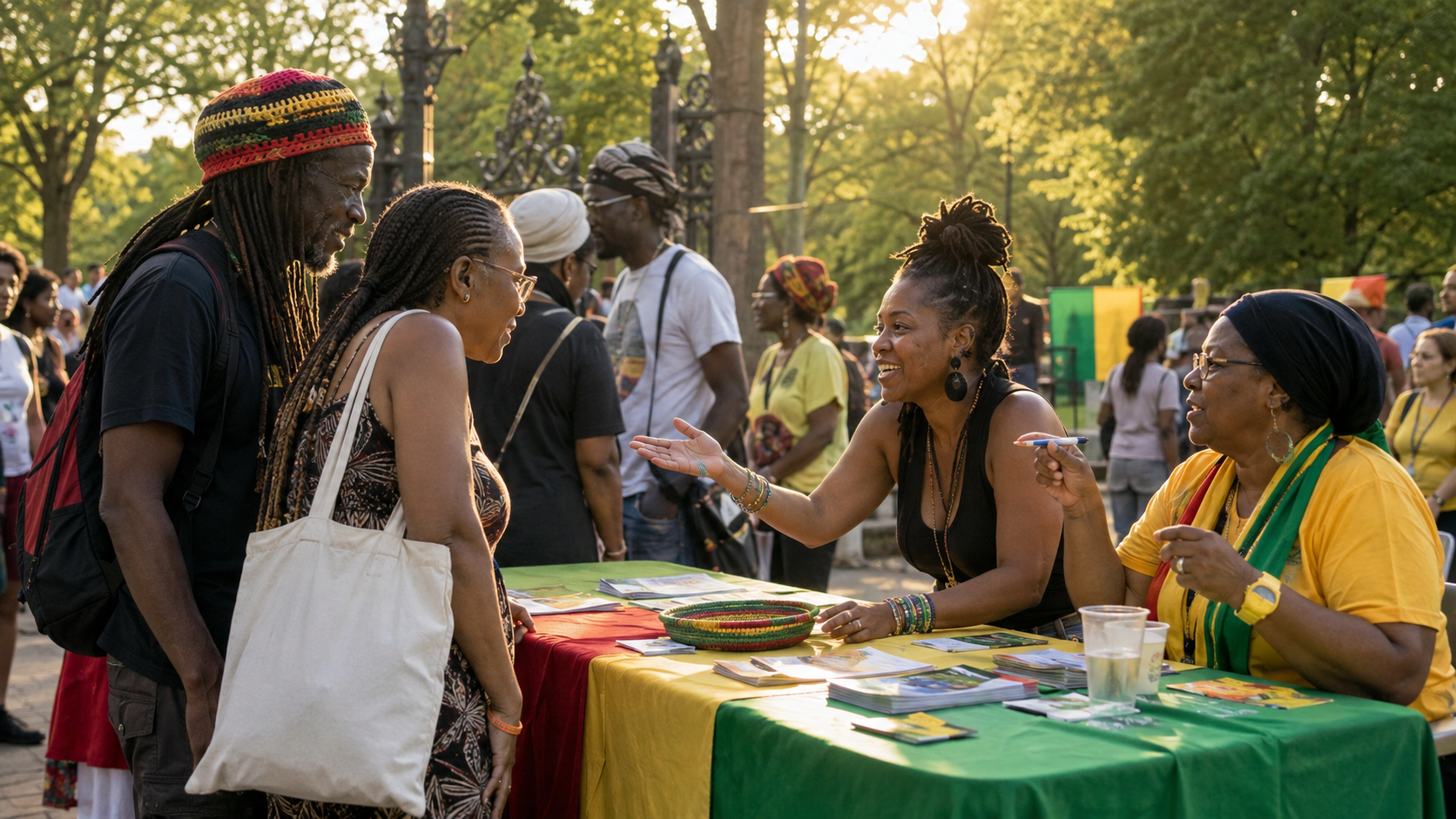 Attendees connecting with a community organization's info table