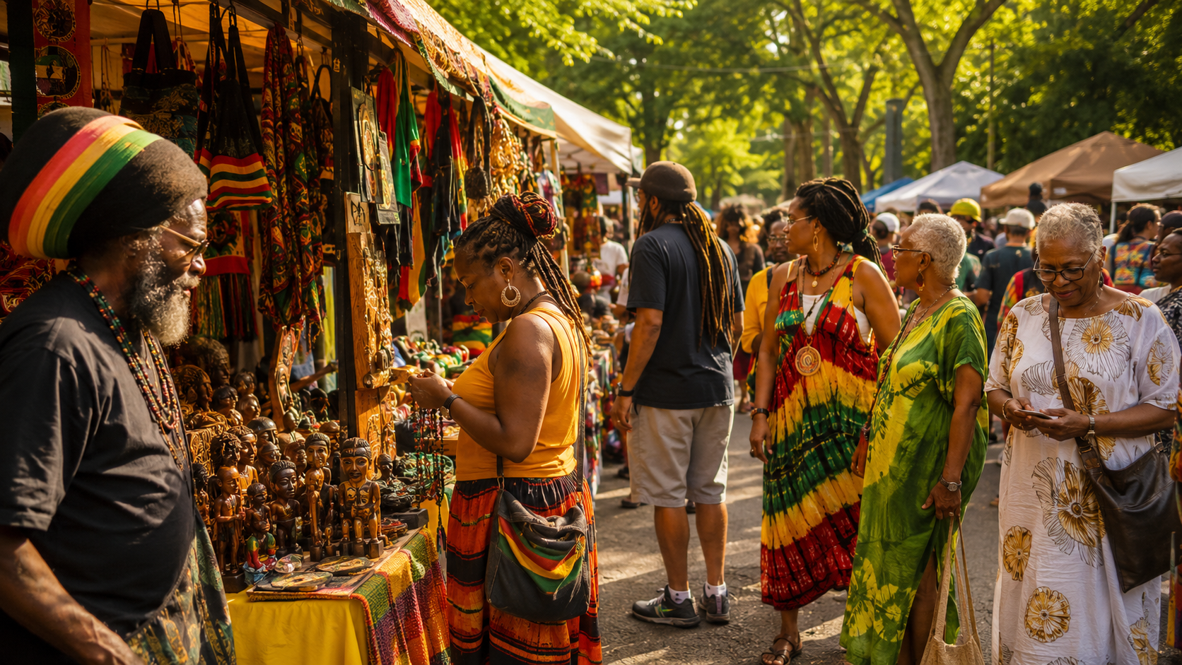 Shoppers browsing carved crafts and goods at a vendor stall