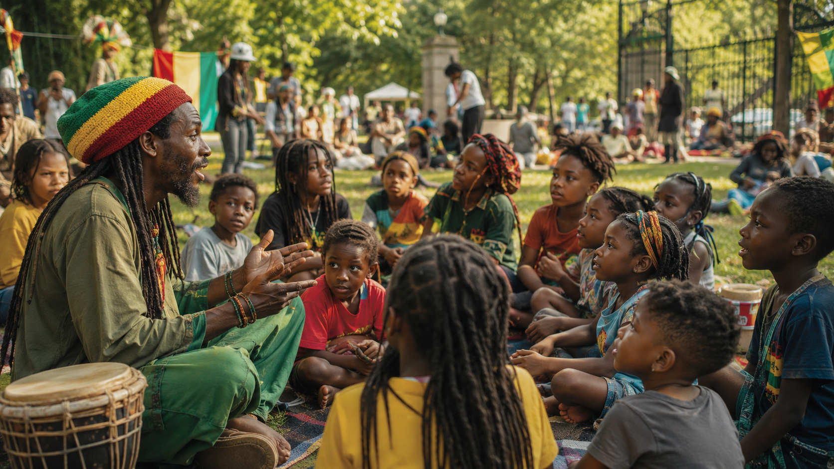 A camp counselor leading a circle of children in storytelling