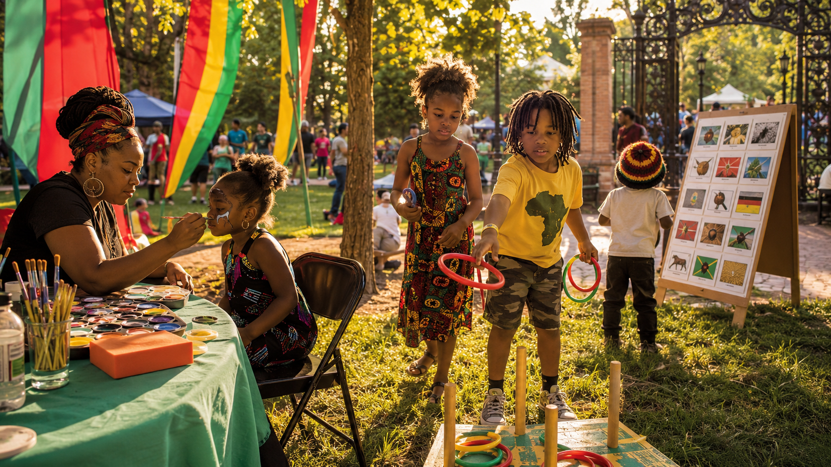 Children face-painting and playing ring toss at the festival games area