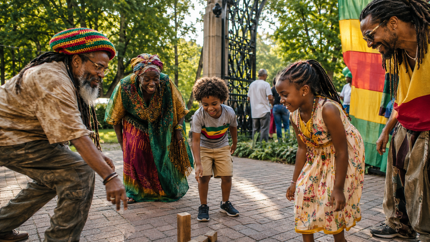 Grandparents, parents, and children playing a yard game together