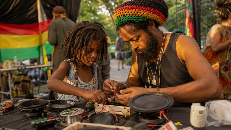 A parent and child wiring together a small speaker build