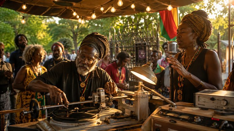 An engineer cutting a dubplate on a lathe as a singer performs