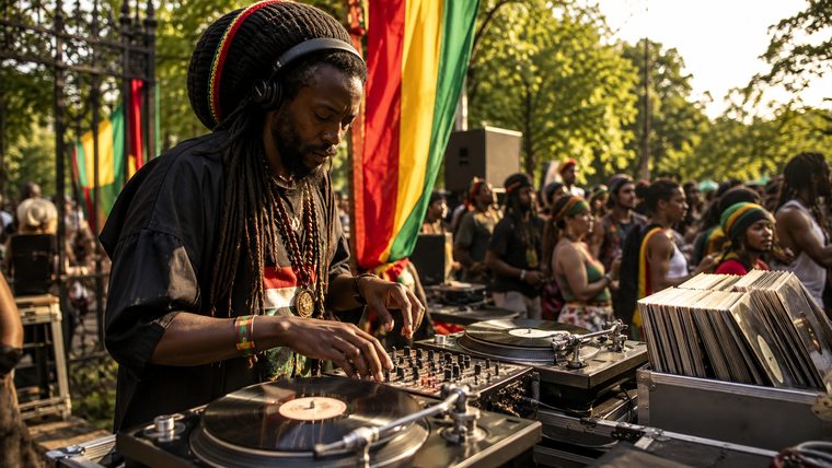 A selector blending dubplates on twin turntables