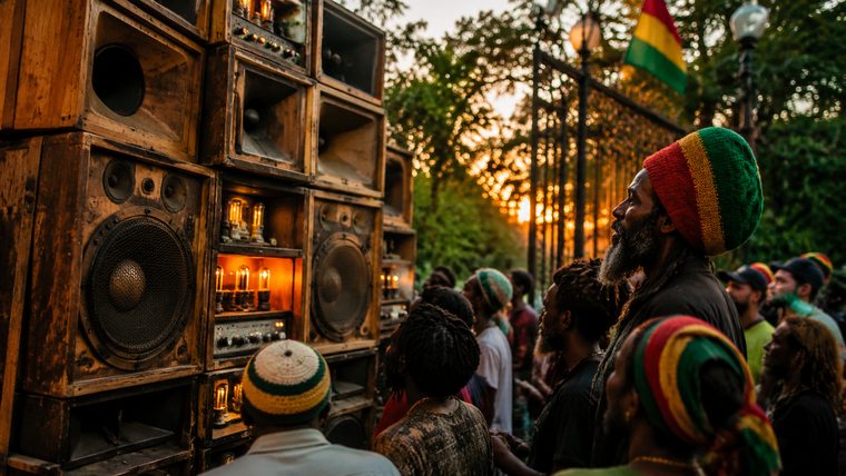 A hand-built vintage speaker stack glowing at dusk